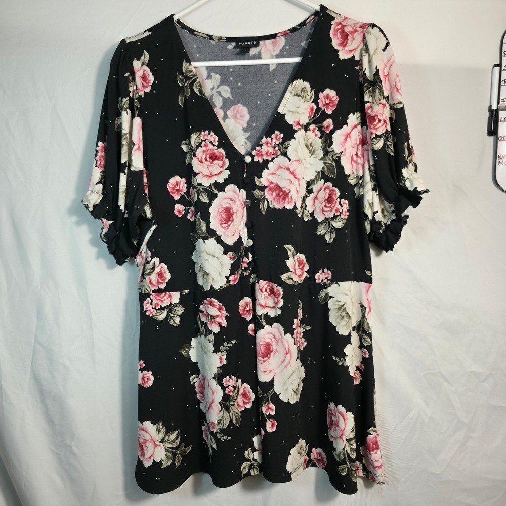 Torrid Babydoll Top Womens 2 2X Black Pink Floral Dot Excellent Puff Blouse